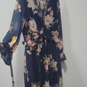 Xhilaration Blue Pink Long Sleeve V-Neck Sundress